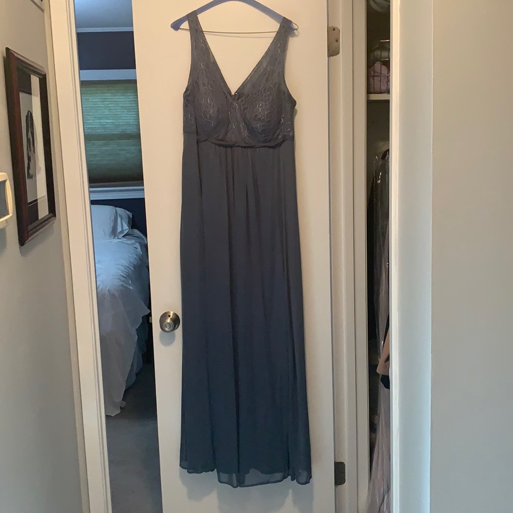 Maternity style bridesmaid dress with lace top
